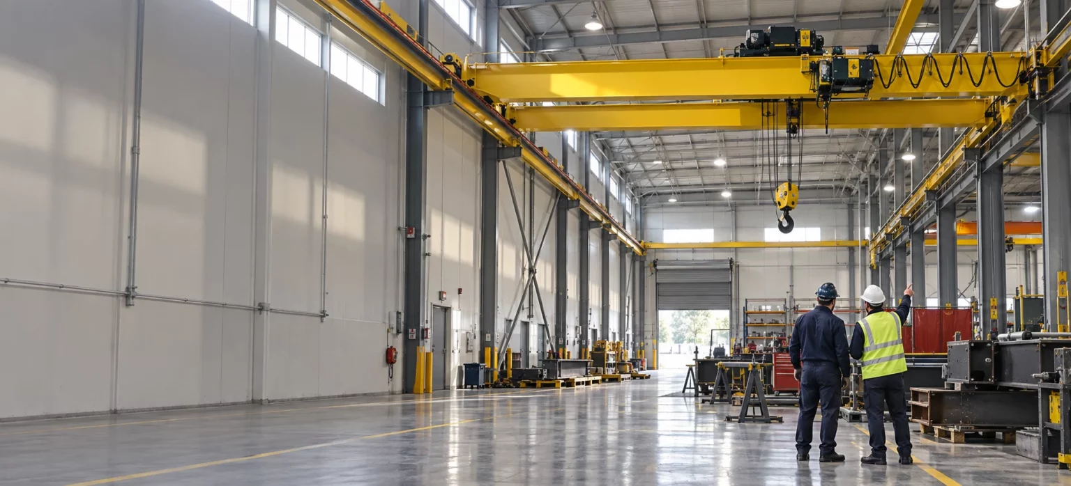 Engineers inspecting a yellow overhead crane in a modern industrial facility