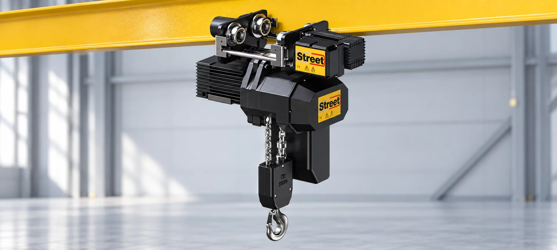 Street LX chain hoist mounted on a yellow overhead beam
