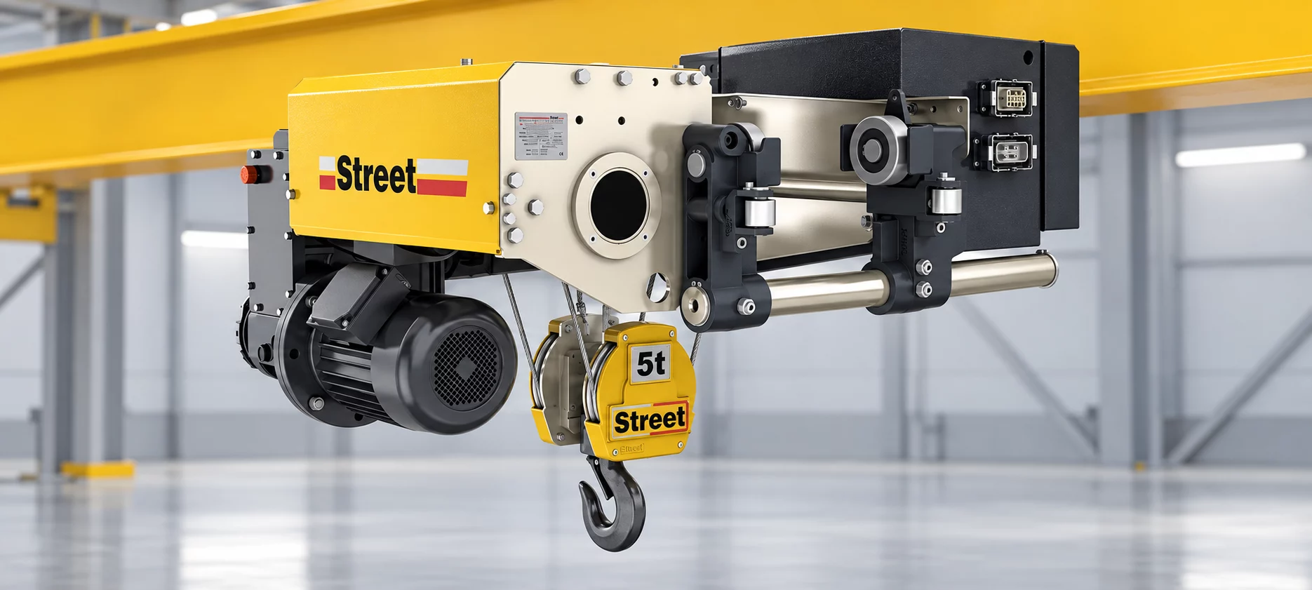 Street ZX wire rope hoist mounted beneath a yellow overhead beam